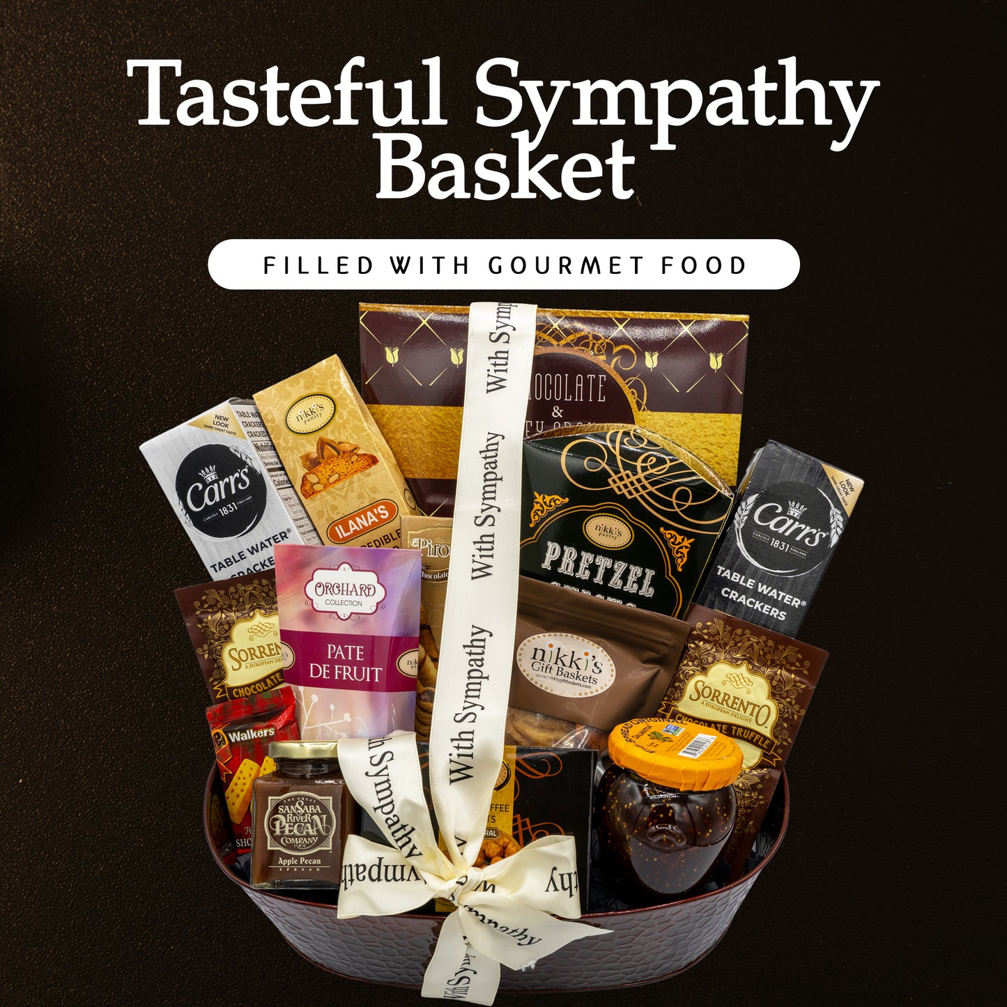 With Sincere Sympathy Condolence Gift Basket for Loss of a Loved One, Elegantly Arranged Gourmet Funeral Basket, Dark Copper Bereavement Care Package for Mourning and Grieving