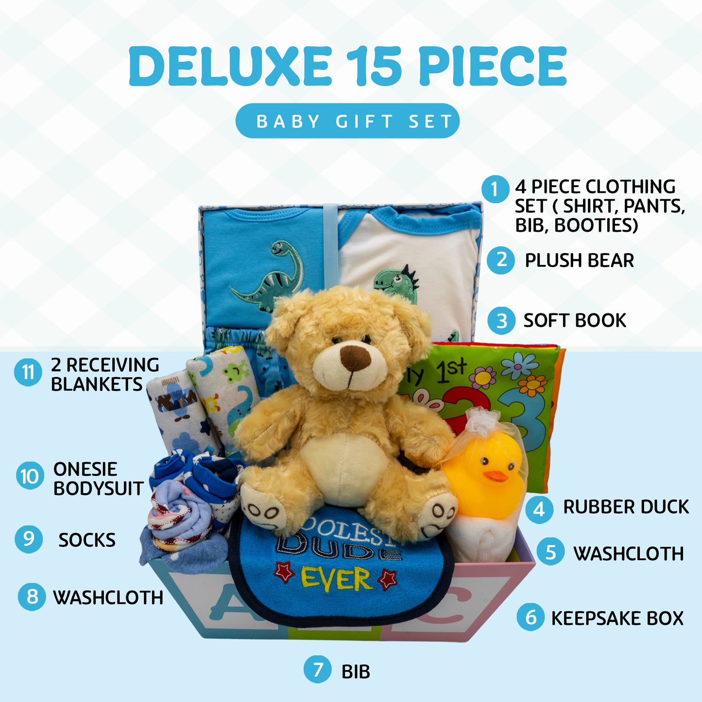 Sweet New Baby Boy Gift Basket, Baby Layette Set with Adorable New Baby Essentials, Newborn Baby Gift Set Basket for Expecting Moms & Baby Showers, Baby Dinosaur Clothes, Blue