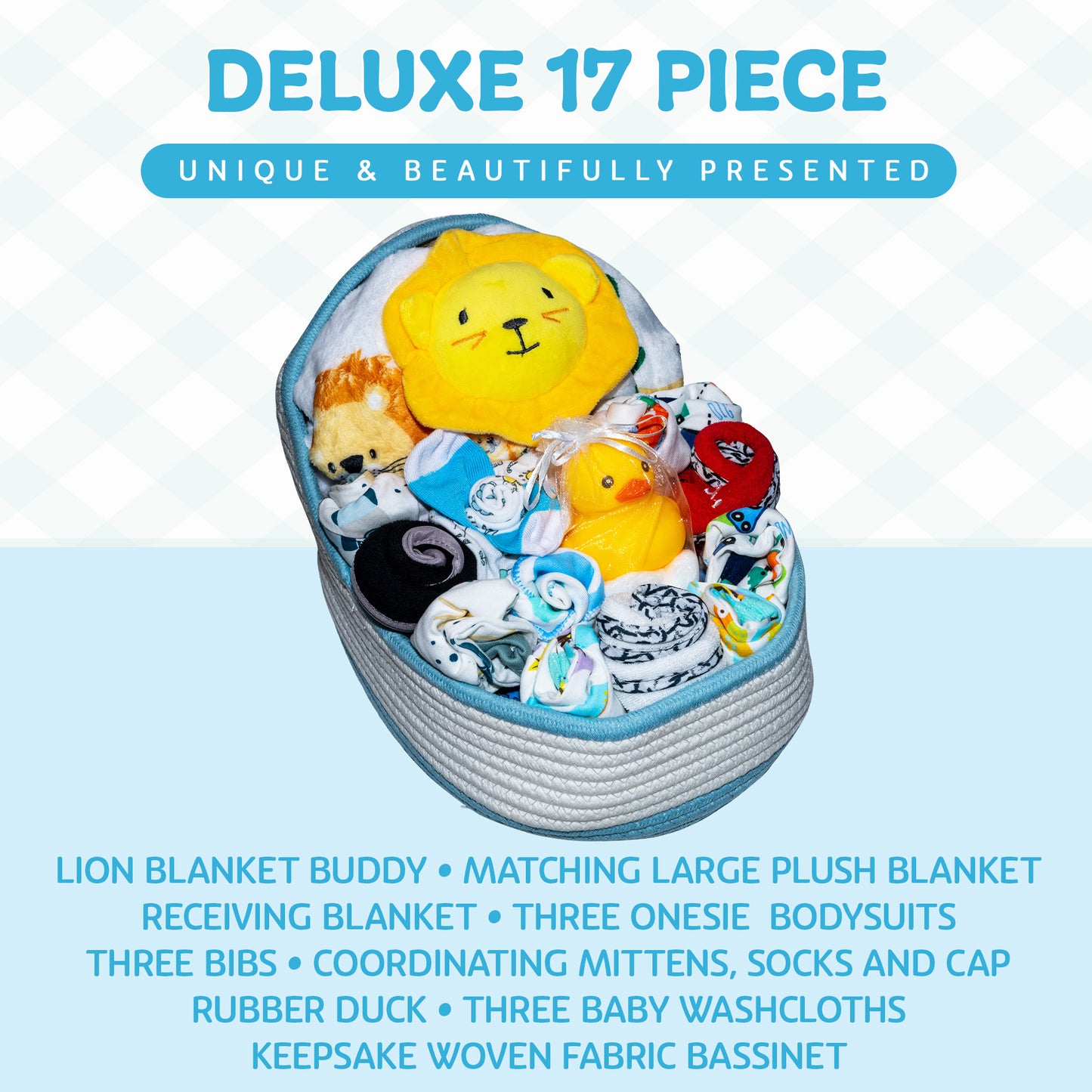 Bassinet New Baby Boy Gift Set, Baby Layette Set with 17-Piece Unique New Baby Essentials for Expecting Moms and New Parents, Blue