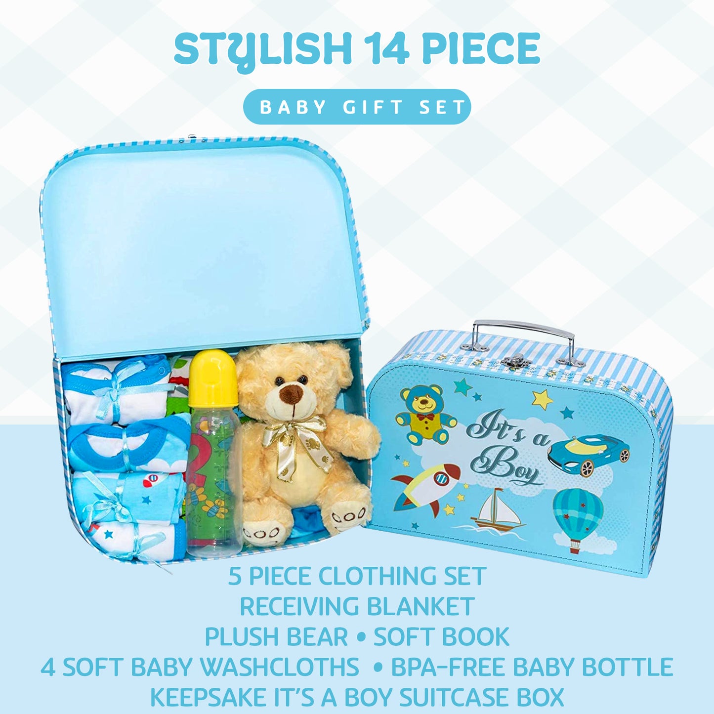 Welcome to The World New Baby Boy Gift Set, Baby Basket Gift Essentials in Unique Keepsake Suitcase Box, Blue/Medium