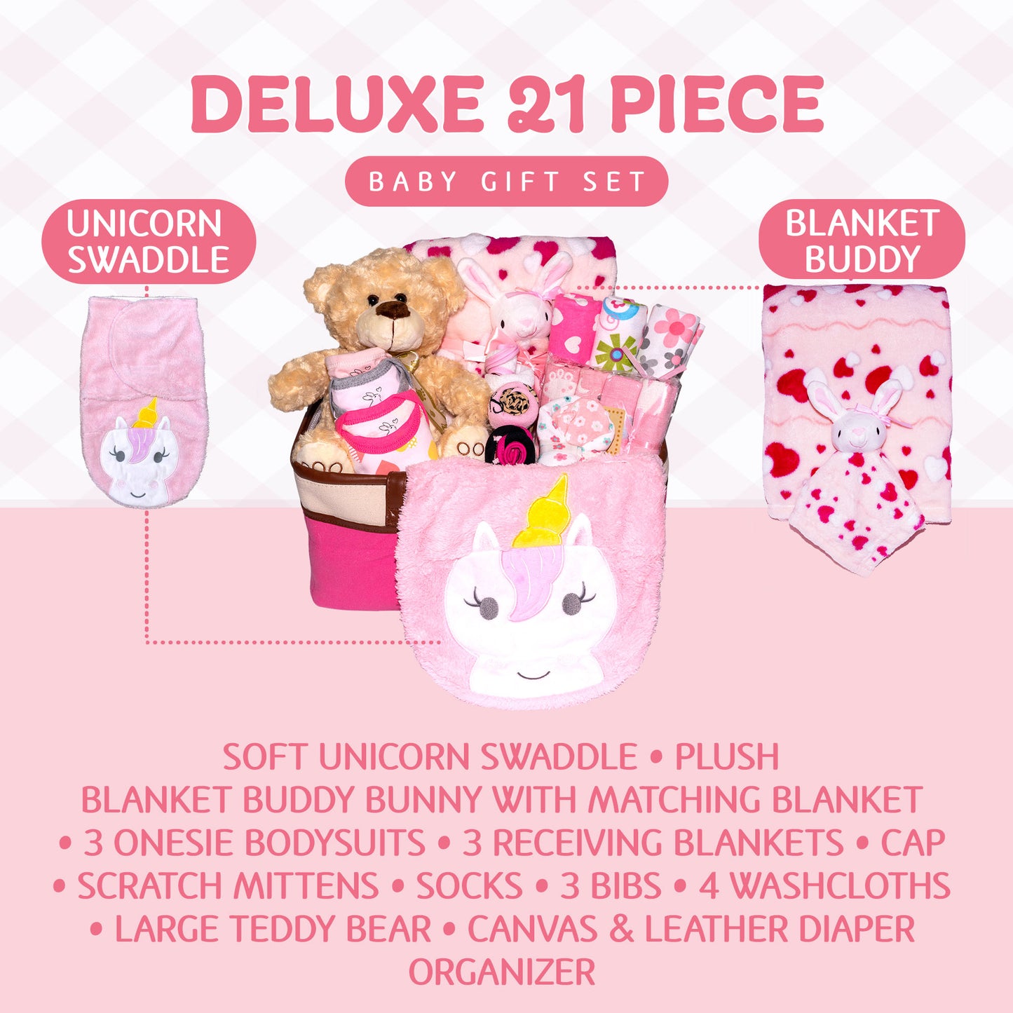 Joyful Arrival Deluxe Baby Girl Gift, Newborn Gift Set, Baby Layette Set with 21-Piece New Baby Essentials and Canvas Organizer for Expecting Moms and New Parents, Pink