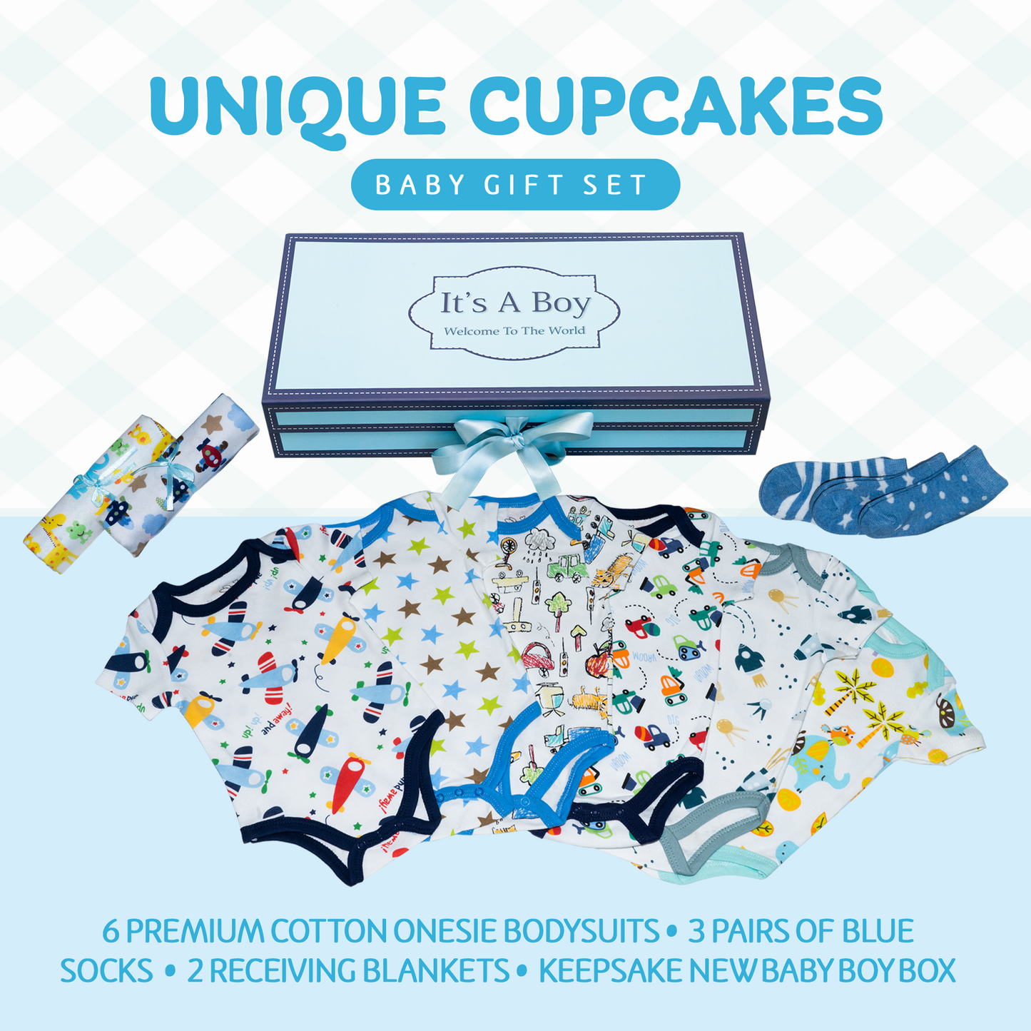 Unique Cupcake Baby Boy Gift, Newborn Gift Set, Adorable New Baby Clothing Gift for Baby Showers, Expecting Moms and New Parents, Blue