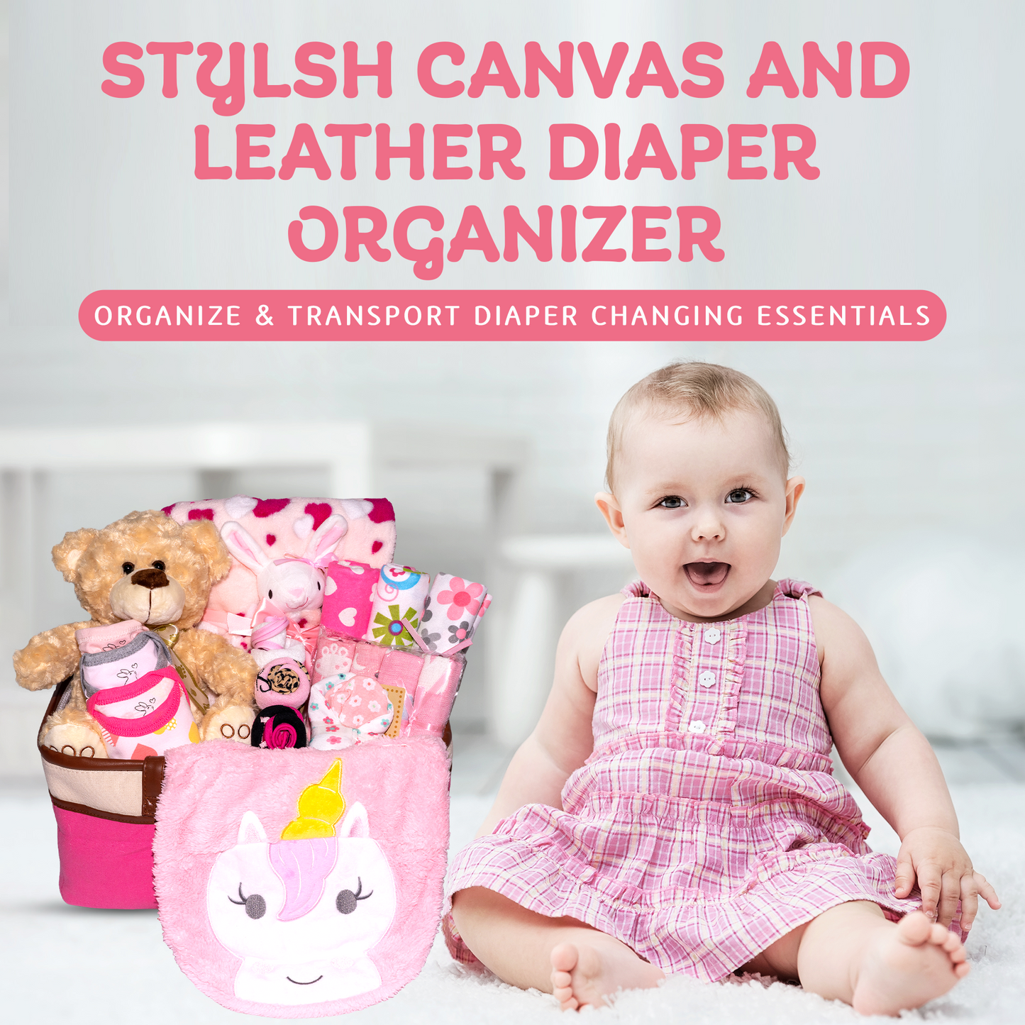 Joyful Arrival Deluxe Baby Girl Gift, Newborn Gift Set, Baby Layette Set with 21-Piece New Baby Essentials and Canvas Organizer for Expecting Moms and New Parents, Pink