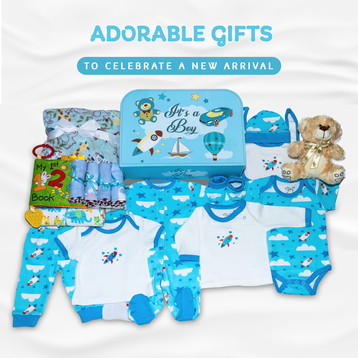 Welcome to The World Baby New Baby Boy Gift Set, Baby Basket Gift Essentials in Unique Keepsake Suitcase Box, Blue/Large