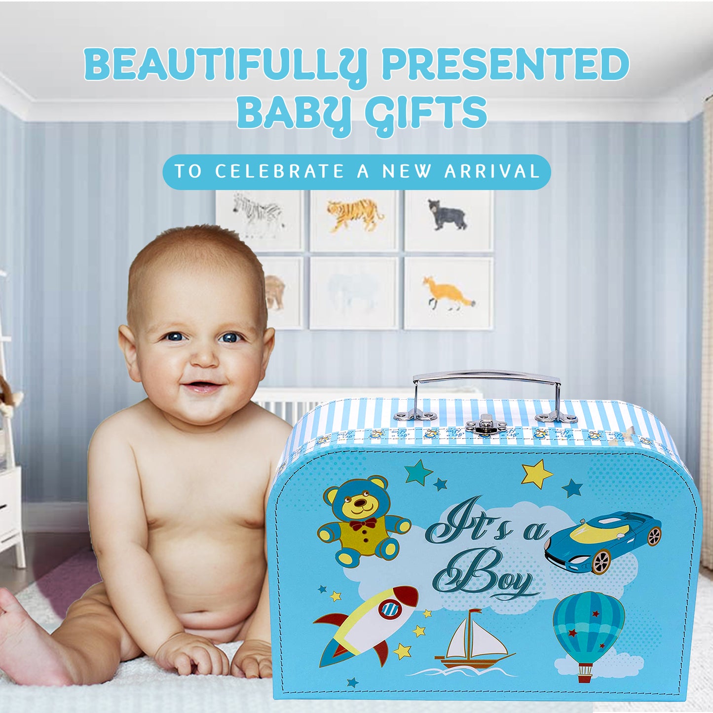 Welcome to The World New Baby Boy Gift Set, Baby Basket Gift Essentials in Unique Keepsake Suitcase Box, Blue/Medium