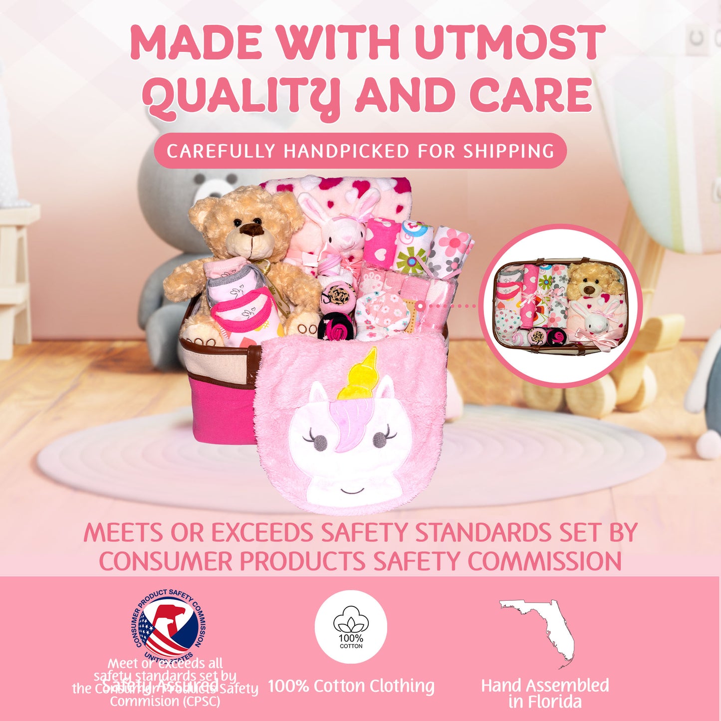 Joyful Arrival Deluxe Baby Girl Gift, Newborn Gift Set, Baby Layette Set with 21-Piece New Baby Essentials and Canvas Organizer for Expecting Moms and New Parents, Pink