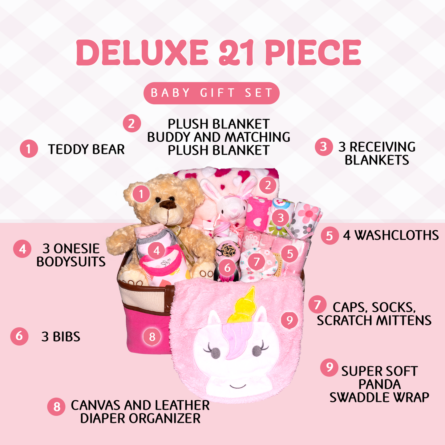 Joyful Arrival Deluxe Baby Girl Gift, Newborn Gift Set, Baby Layette Set with 21-Piece New Baby Essentials and Canvas Organizer for Expecting Moms and New Parents, Pink