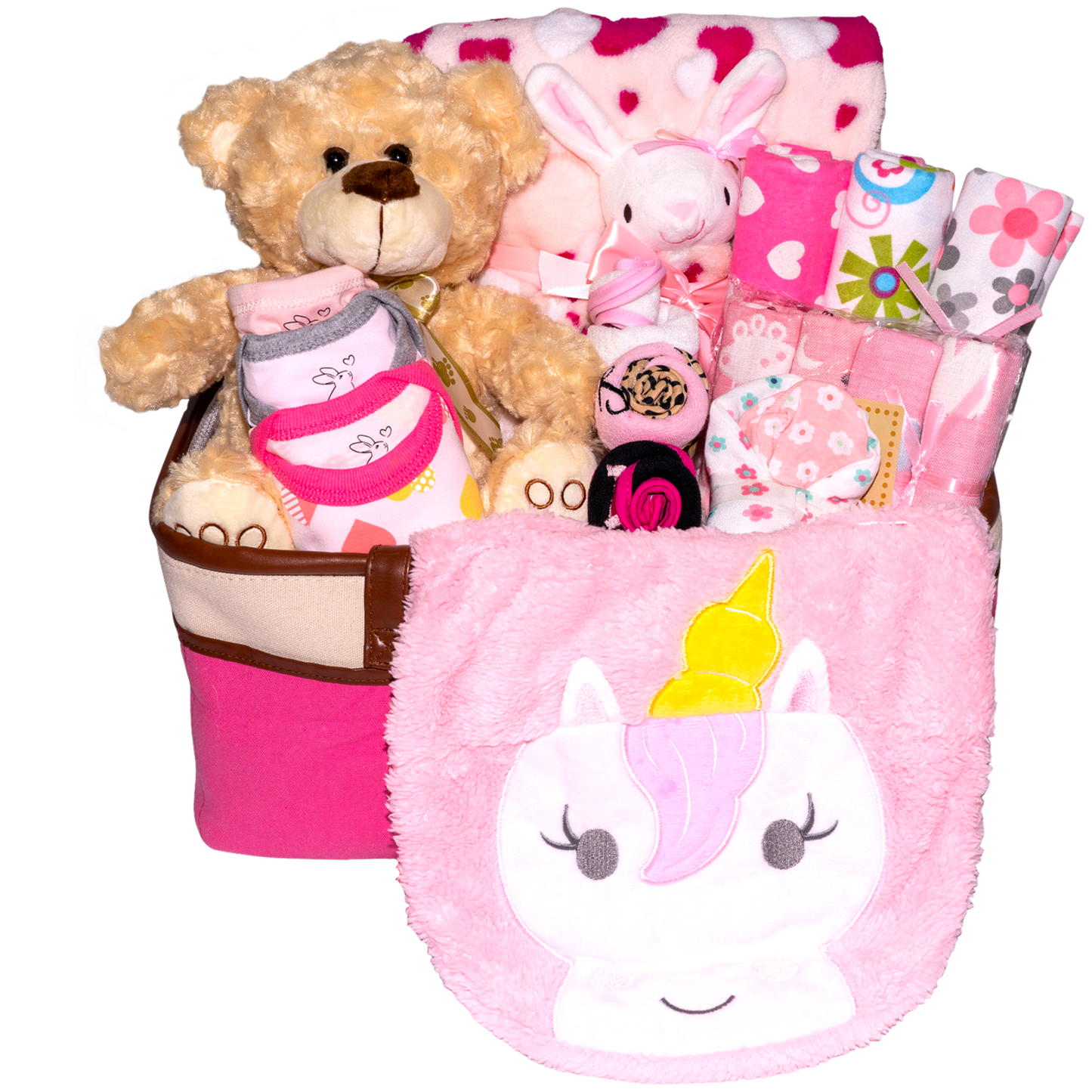 Joyful Arrival Deluxe Baby Girl Gift, Newborn Gift Set, Baby Layette Set with 21-Piece New Baby Essentials and Canvas Organizer for Expecting Moms and New Parents, Pink