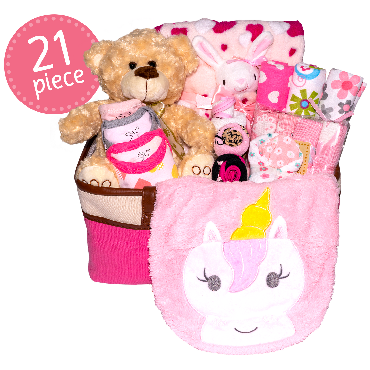 Joyful Arrival Deluxe Baby Girl Gift, Newborn Gift Set, Baby Layette Set with 21-Piece New Baby Essentials and Canvas Organizer for Expecting Moms and New Parents, Pink