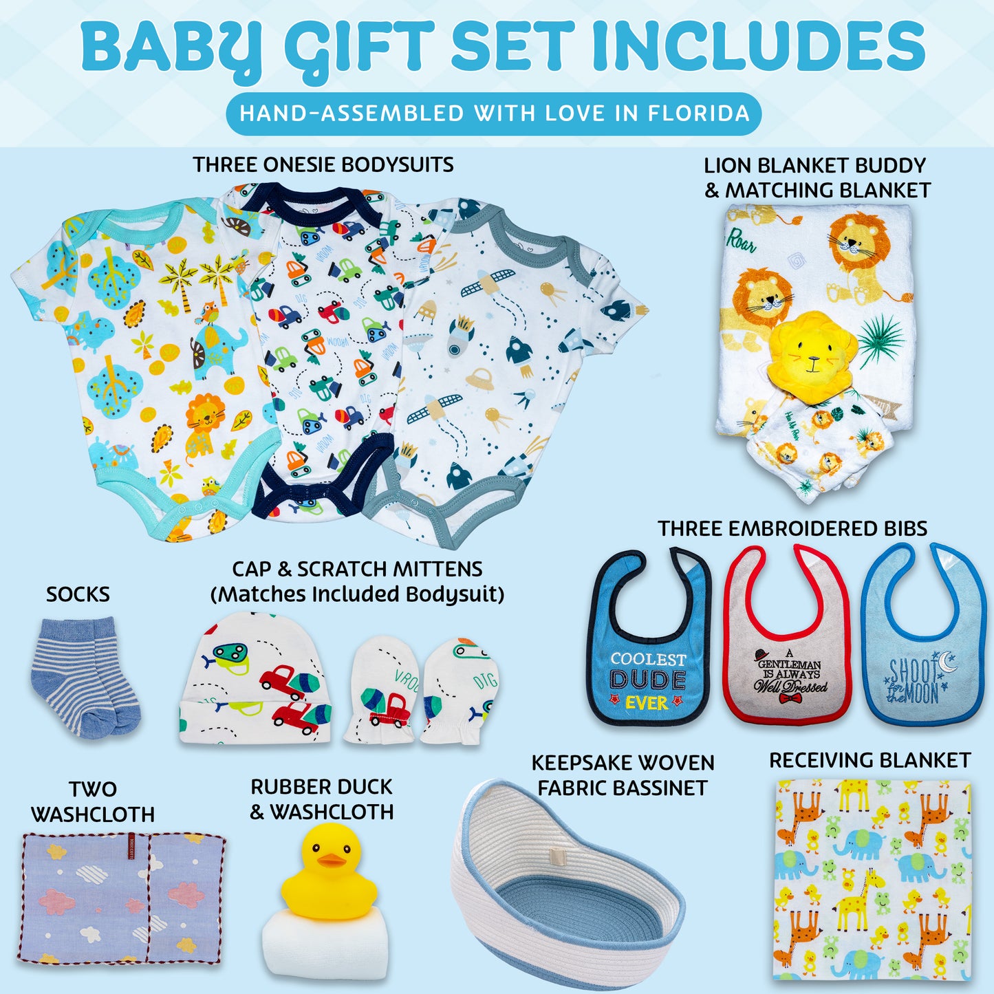 Bassinet New Baby Boy Gift Set, Baby Layette Set with 17-Piece Unique New Baby Essentials for Expecting Moms and New Parents, Blue