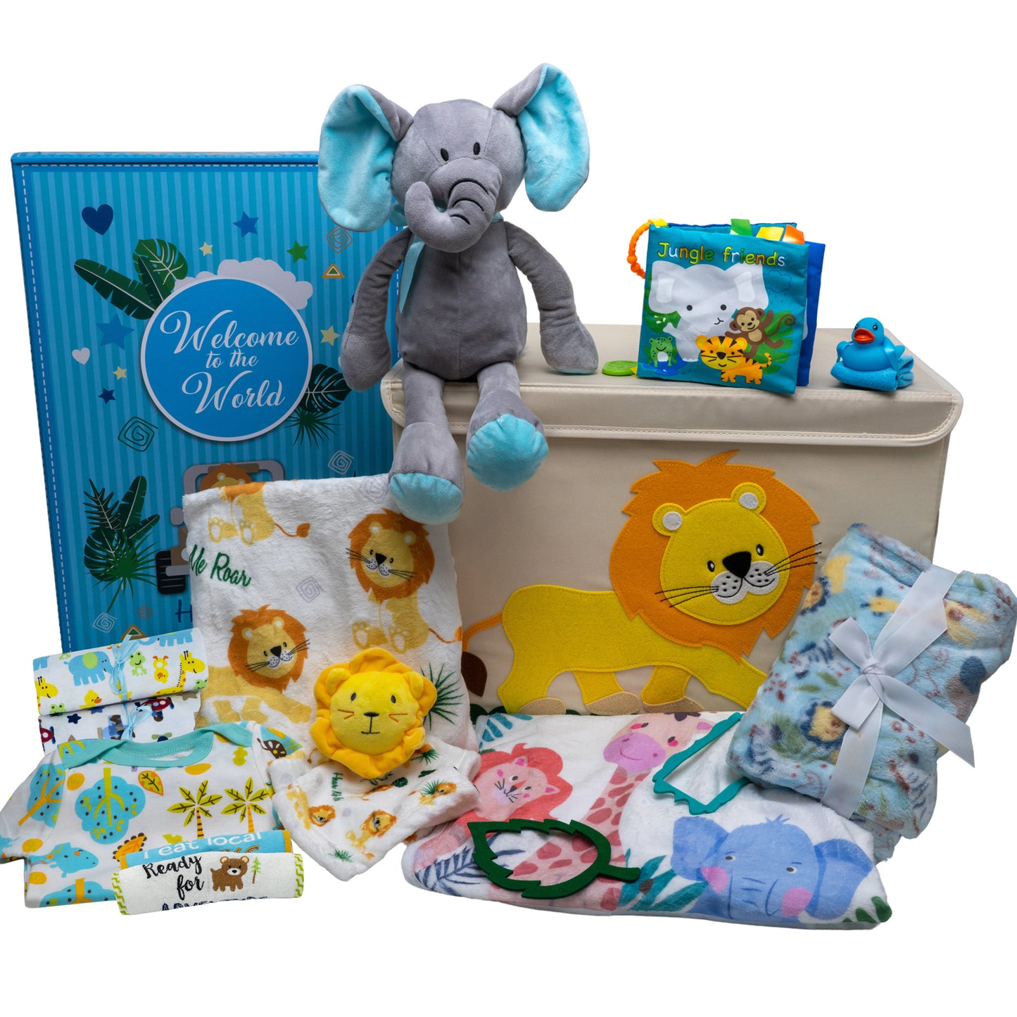 Welcome To The World Deluxe Baby Boy Gift Set. Unique Premium 20-Piece Baby Layette Set with Animal Friends New Baby Essential Gifts for Expecting Moms & Baby Showers, Blue