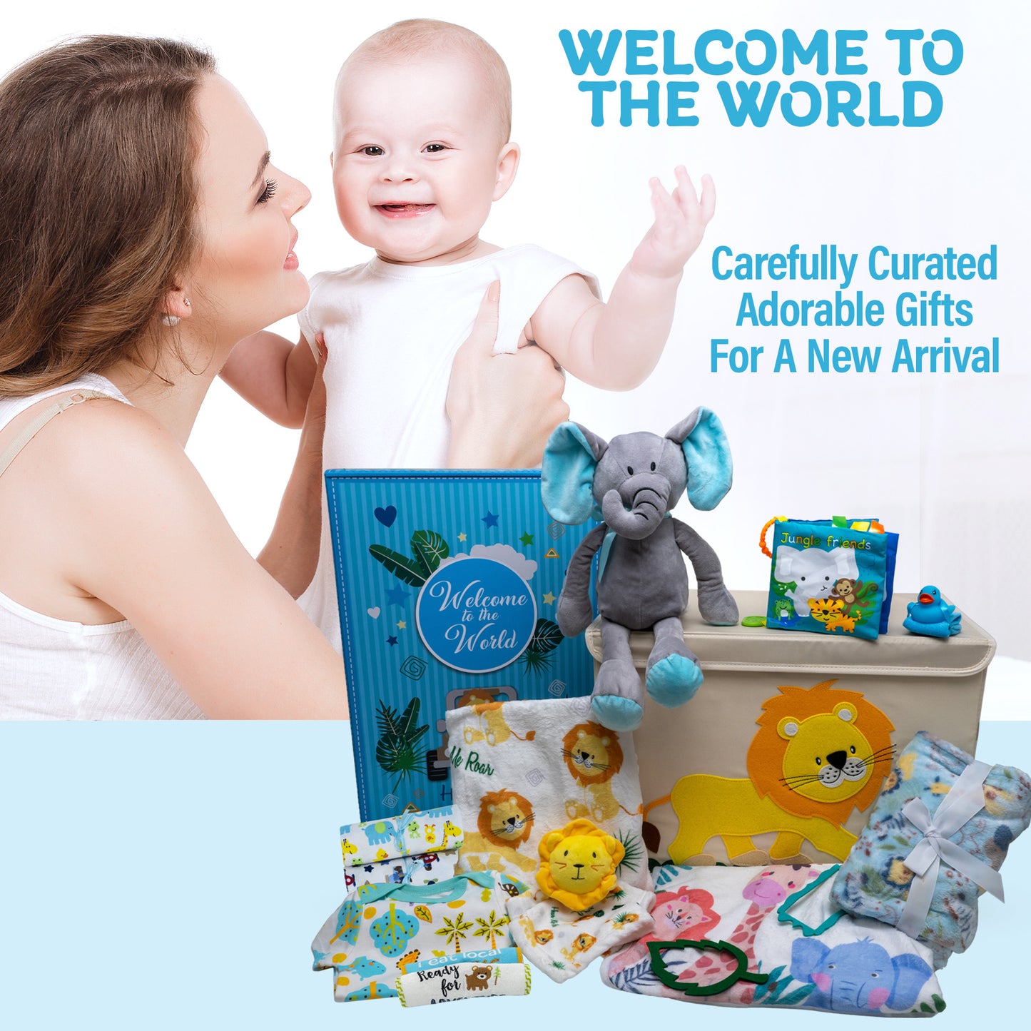 Welcome To The World Deluxe Baby Boy Gift Set. Unique Premium 20-Piece Baby Layette Set with Animal Friends New Baby Essential Gifts for Expecting Moms & Baby Showers, Blue