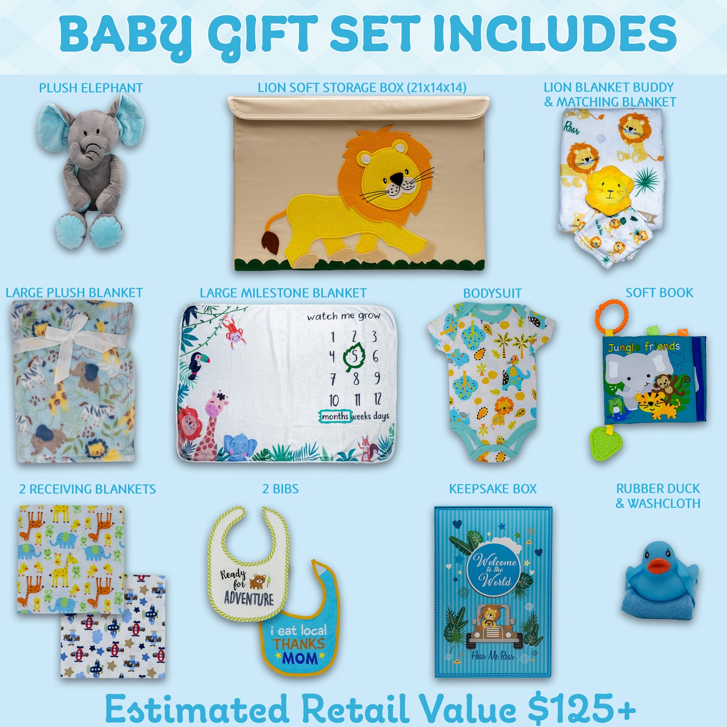 Welcome To The World Deluxe Baby Boy Gift Set. Unique Premium 20-Piece Baby Layette Set with Animal Friends New Baby Essential Gifts for Expecting Moms & Baby Showers, Blue