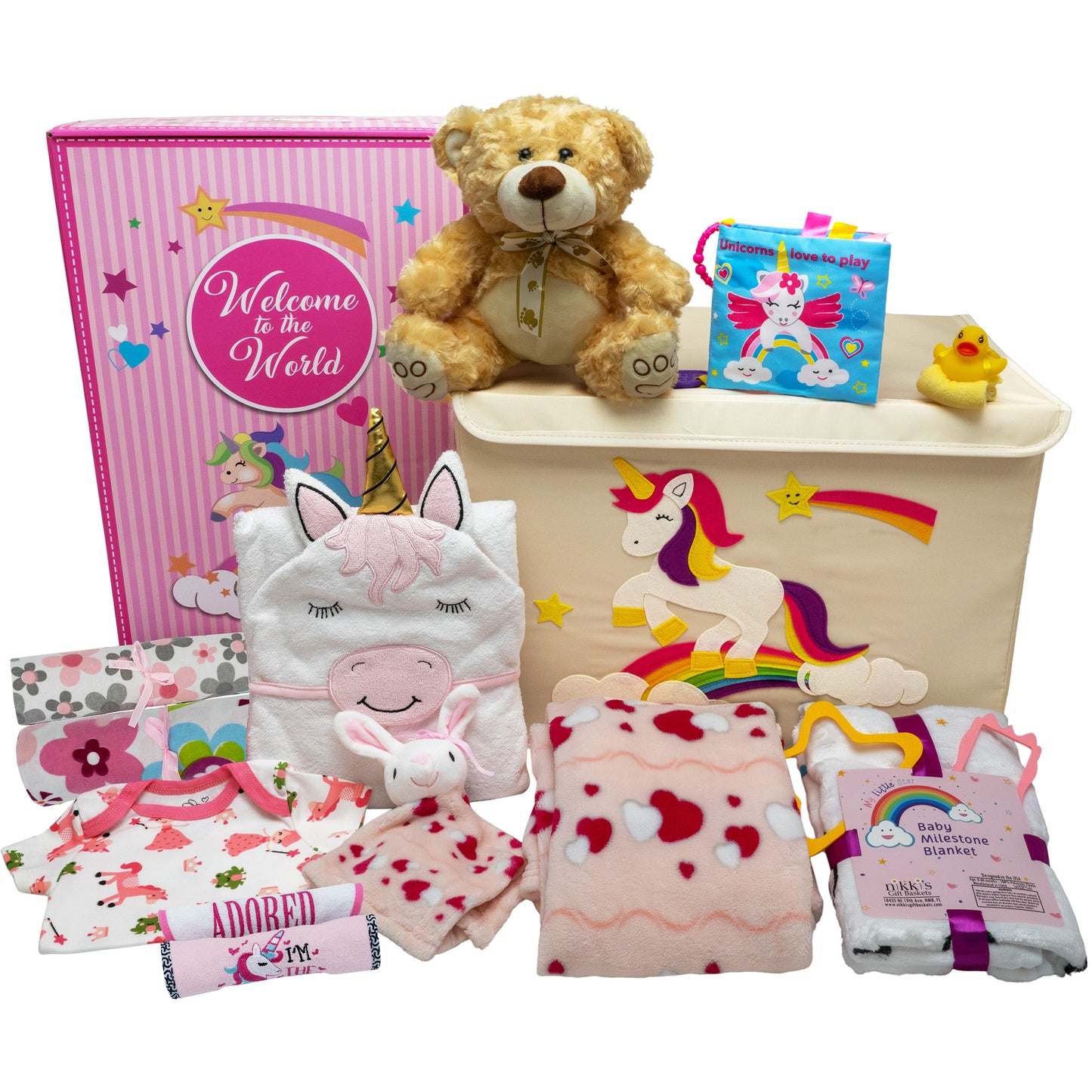 Welcome To The World Deluxe Baby Girl Gift Set. Unique Premium 20-Piece Baby Layette Set with Magic Unicorn New Baby Essential Gifts for Expecting Moms & Baby Showers, Pink