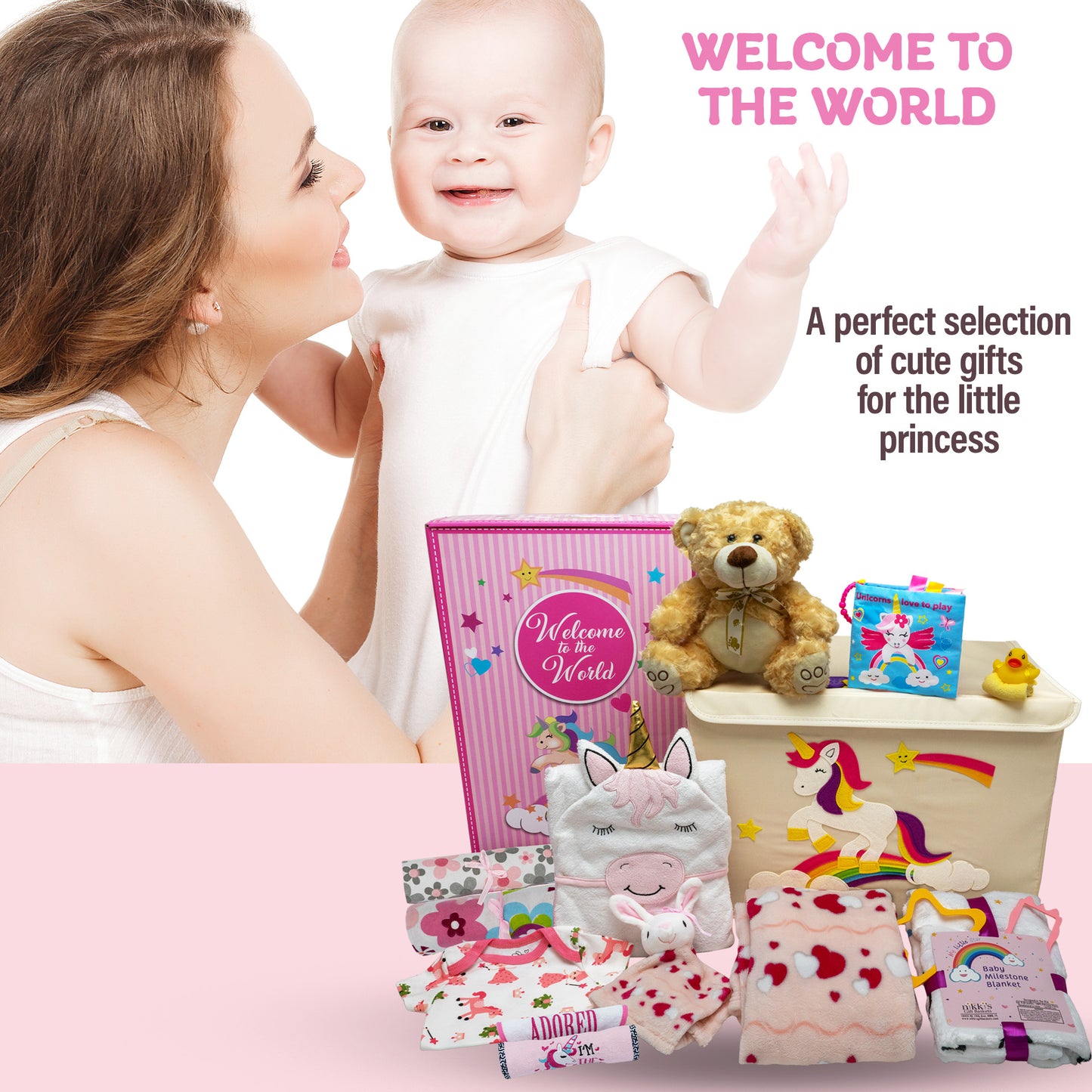 Welcome To The World Deluxe Baby Girl Gift Set. Unique Premium 20-Piece Baby Layette Set with Magic Unicorn New Baby Essential Gifts for Expecting Moms & Baby Showers, Pink