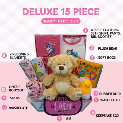Sweet New Baby Girl Gift Basket, Baby Layette Set with Adorable New Baby Essentials, Newborn Baby Gift Set Basket for Expecting Moms & Baby Showers, Unicorn Clothes, Pink