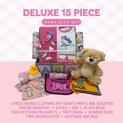 Sweet New Baby Girl Gift Basket, Baby Layette Set with Adorable New Baby Essentials, Newborn Baby Gift Set Basket for Expecting Moms & Baby Showers, Unicorn Clothes, Pink