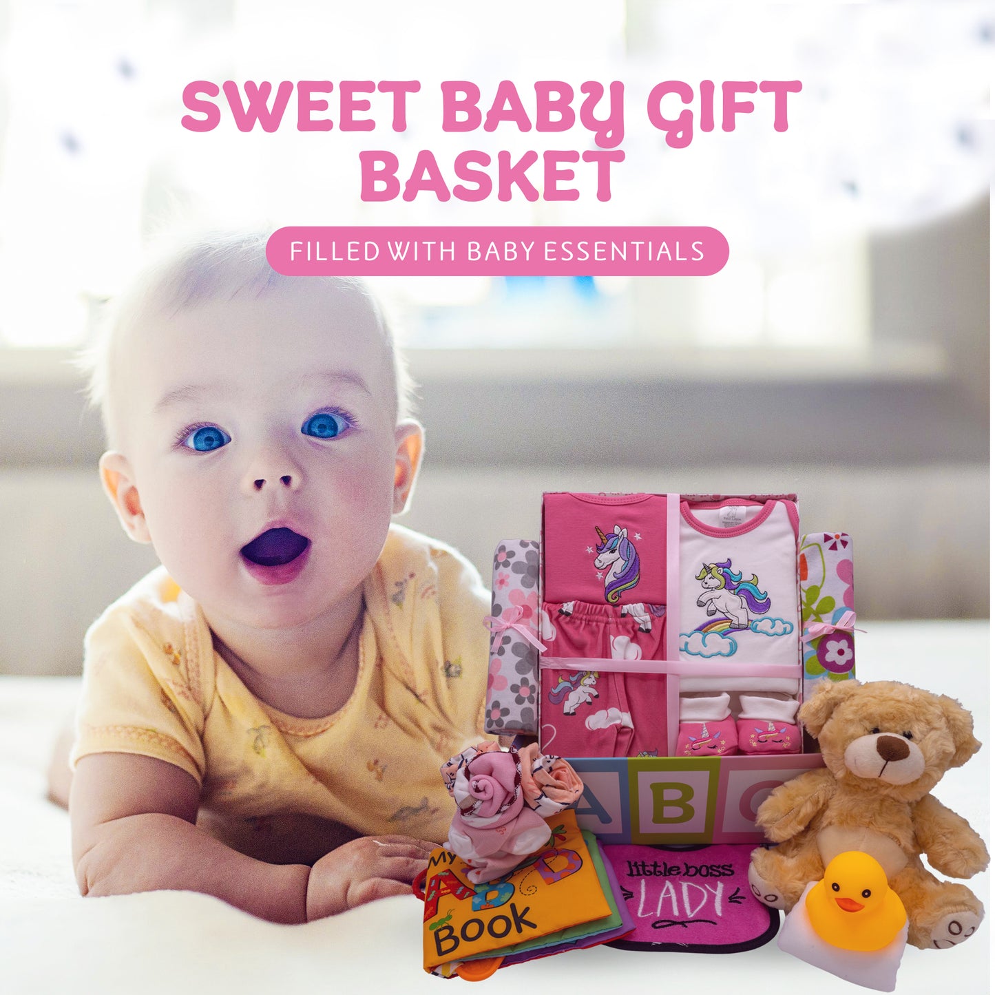 Sweet New Baby Girl Gift Basket, Baby Layette Set with Adorable New Baby Essentials, Newborn Baby Gift Set Basket for Expecting Moms & Baby Showers, Unicorn Clothes, Pink