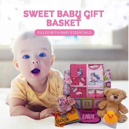 Sweet New Baby Girl Gift Basket, Baby Layette Set with Adorable New Baby Essentials, Newborn Baby Gift Set Basket for Expecting Moms & Baby Showers, Unicorn Clothes, Pink