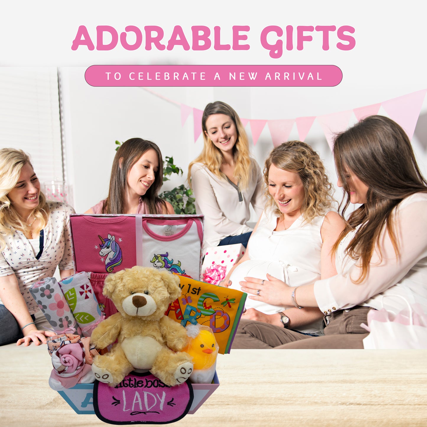 Sweet New Baby Girl Gift Basket, Baby Layette Set with Adorable New Baby Essentials, Newborn Baby Gift Set Basket for Expecting Moms & Baby Showers, Unicorn Clothes, Pink