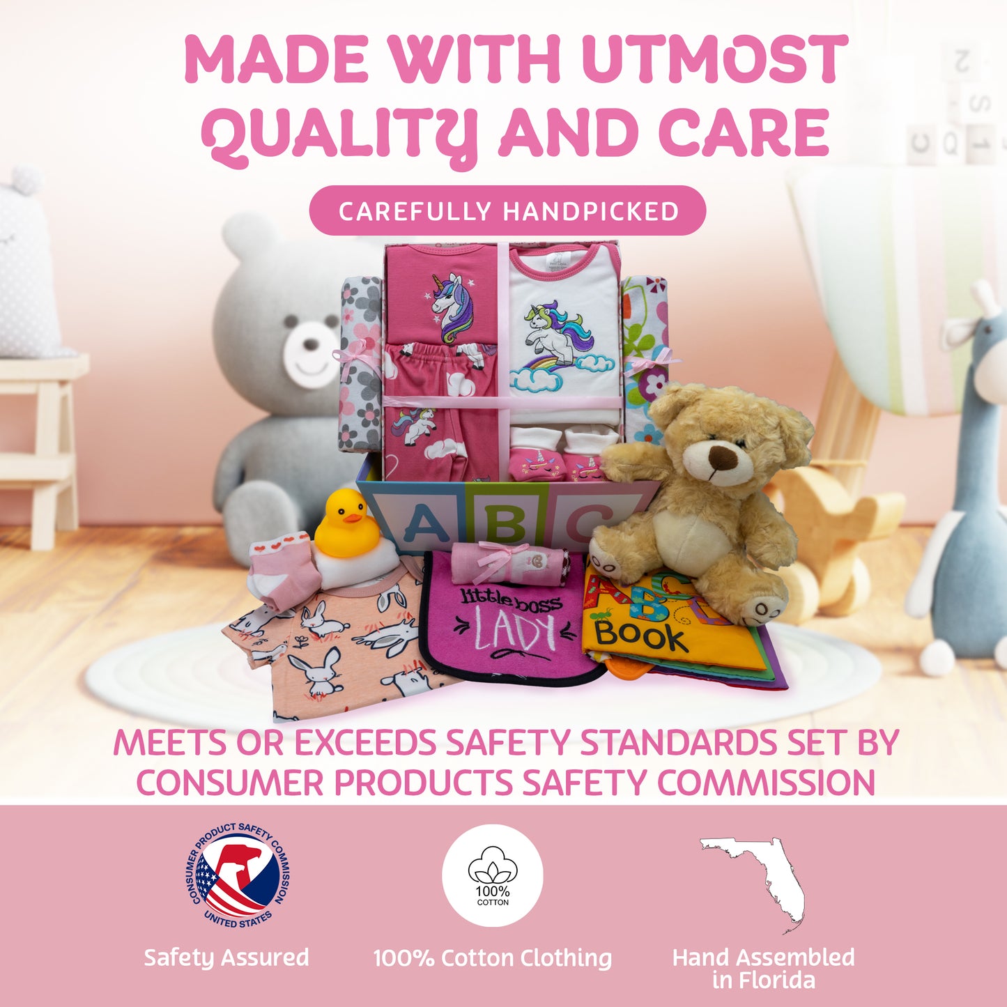 Sweet New Baby Girl Gift Basket, Baby Layette Set with Adorable New Baby Essentials, Newborn Baby Gift Set Basket for Expecting Moms & Baby Showers, Unicorn Clothes, Pink