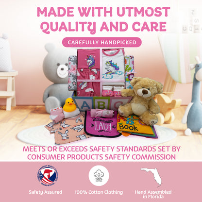 Sweet New Baby Girl Gift Basket, Baby Layette Set with Adorable New Baby Essentials, Newborn Baby Gift Set Basket for Expecting Moms & Baby Showers, Unicorn Clothes, Pink