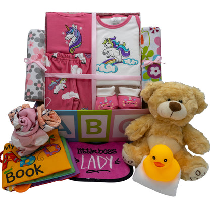Sweet New Baby Girl Gift Basket, Baby Layette Set with Adorable New Baby Essentials, Newborn Baby Gift Set Basket for Expecting Moms & Baby Showers, Unicorn Clothes, Pink