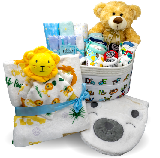 Joyful Arrival Deluxe Baby Boy Gift Basket, 20-Piece Premium New Baby Essentials & Canvas Diaper Tote, Baby Gift Set for Expecting Moms & Baby Showers