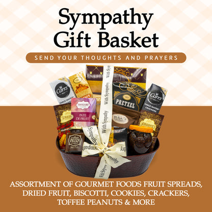With Sincere Sympathy Condolence Gift Basket for Loss of a Loved One, Elegantly Arranged Gourmet Funeral Basket, Dark Copper Bereavement Care Package for Mourning and Grieving