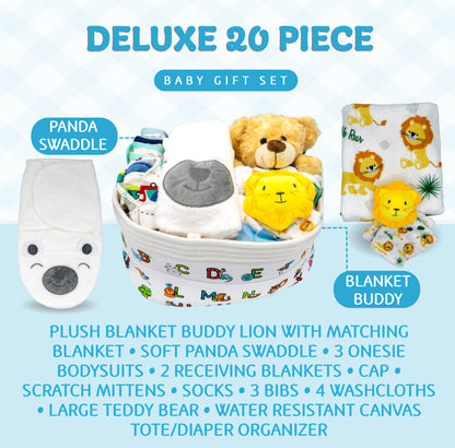 Joyful Arrival Deluxe Baby Boy Gift Basket, 20-Piece Premium New Baby Essentials & Canvas Diaper Tote, Baby Gift Set for Expecting Moms & Baby Showers