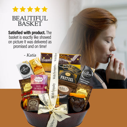 With Sincere Sympathy Condolence Gift Basket for Loss of a Loved One, Elegantly Arranged Gourmet Funeral Basket, Dark Copper Bereavement Care Package for Mourning and Grieving