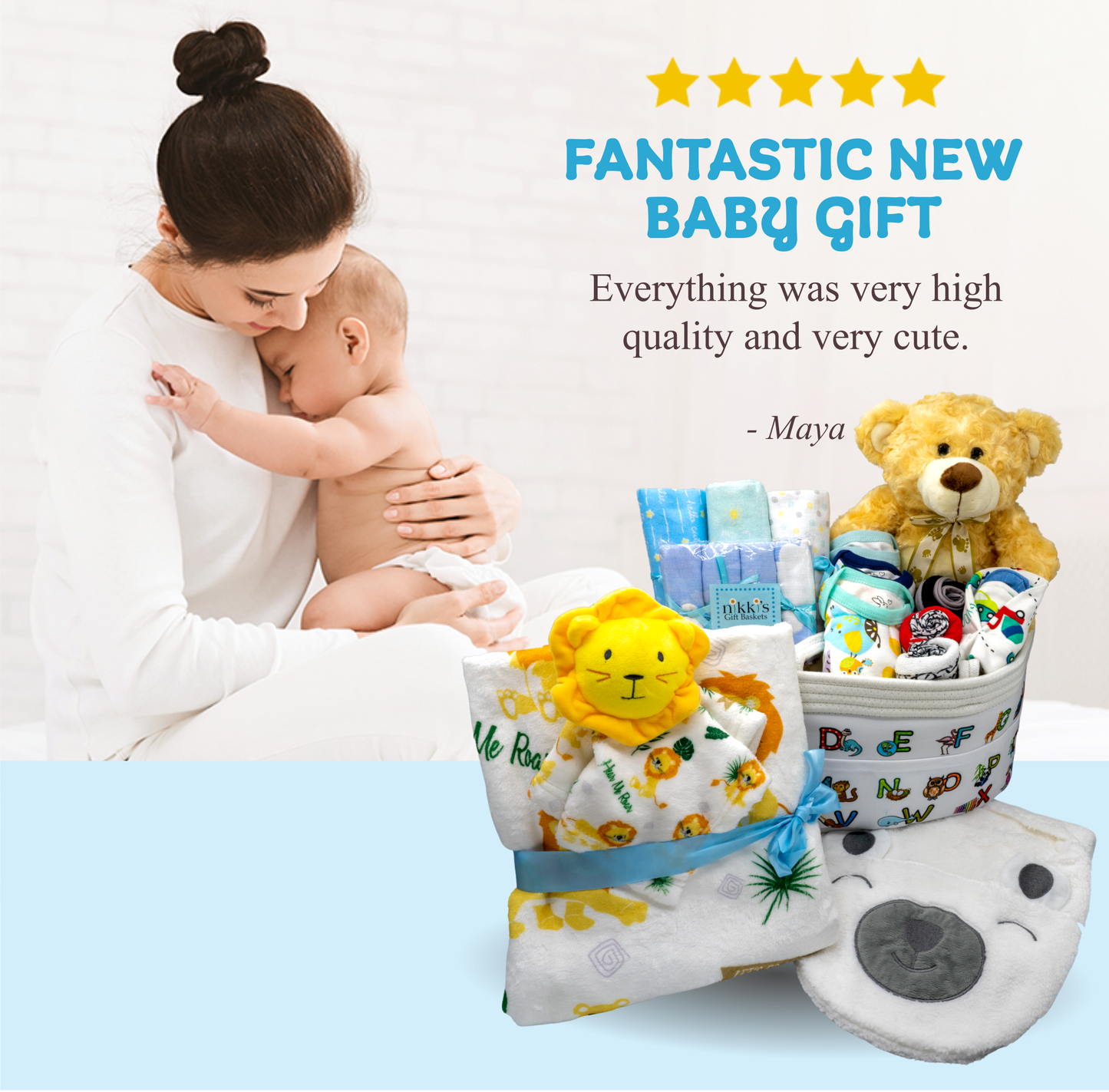 Joyful Arrival Deluxe Baby Boy Gift Basket, 20-Piece Premium New Baby Essentials & Canvas Diaper Tote, Baby Gift Set for Expecting Moms & Baby Showers