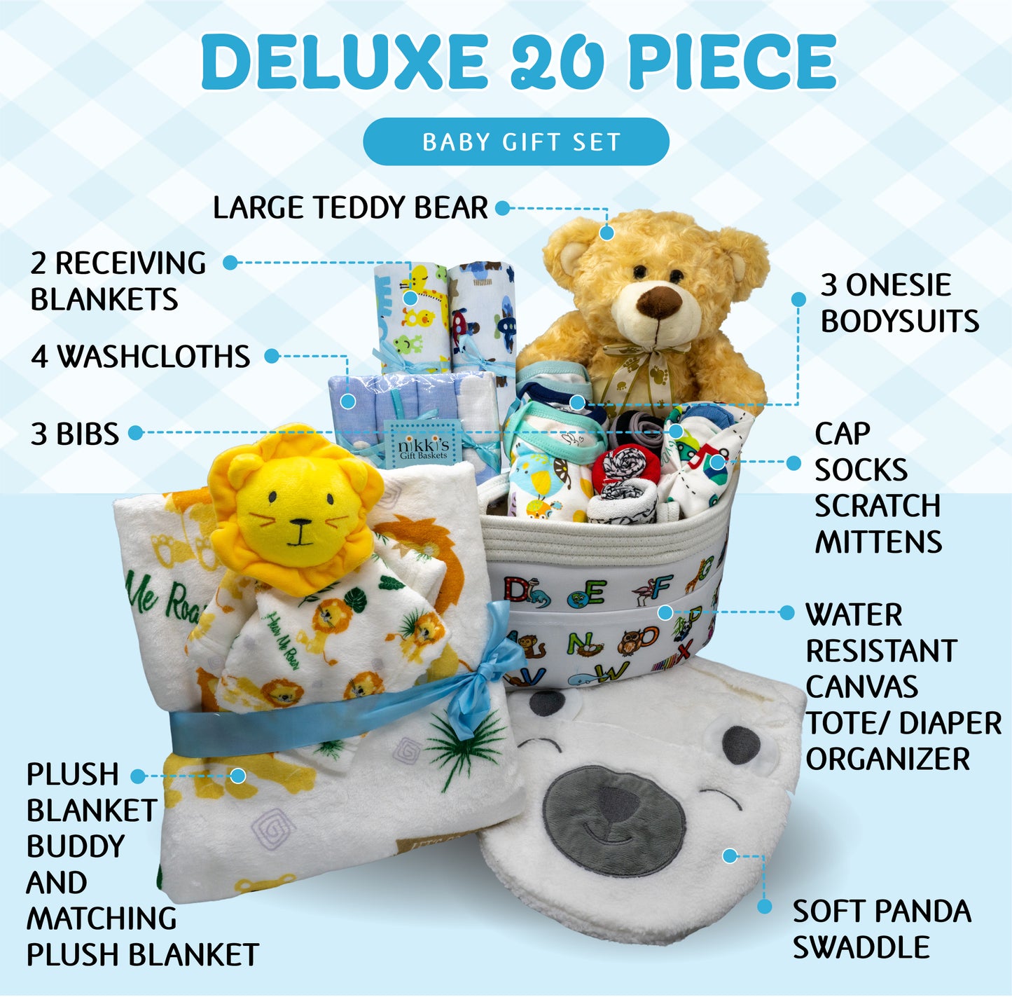 Joyful Arrival Deluxe Baby Boy Gift Basket, 20-Piece Premium New Baby Essentials & Canvas Diaper Tote, Baby Gift Set for Expecting Moms & Baby Showers