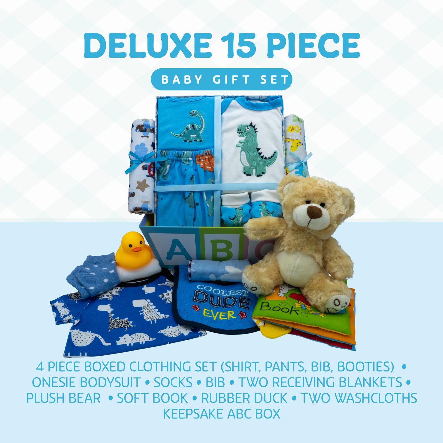 Sweet New Baby Boy Gift Basket, Baby Layette Set with Adorable New Baby Essentials, Newborn Baby Gift Set Basket for Expecting Moms & Baby Showers, Baby Dinosaur Clothes, Blue