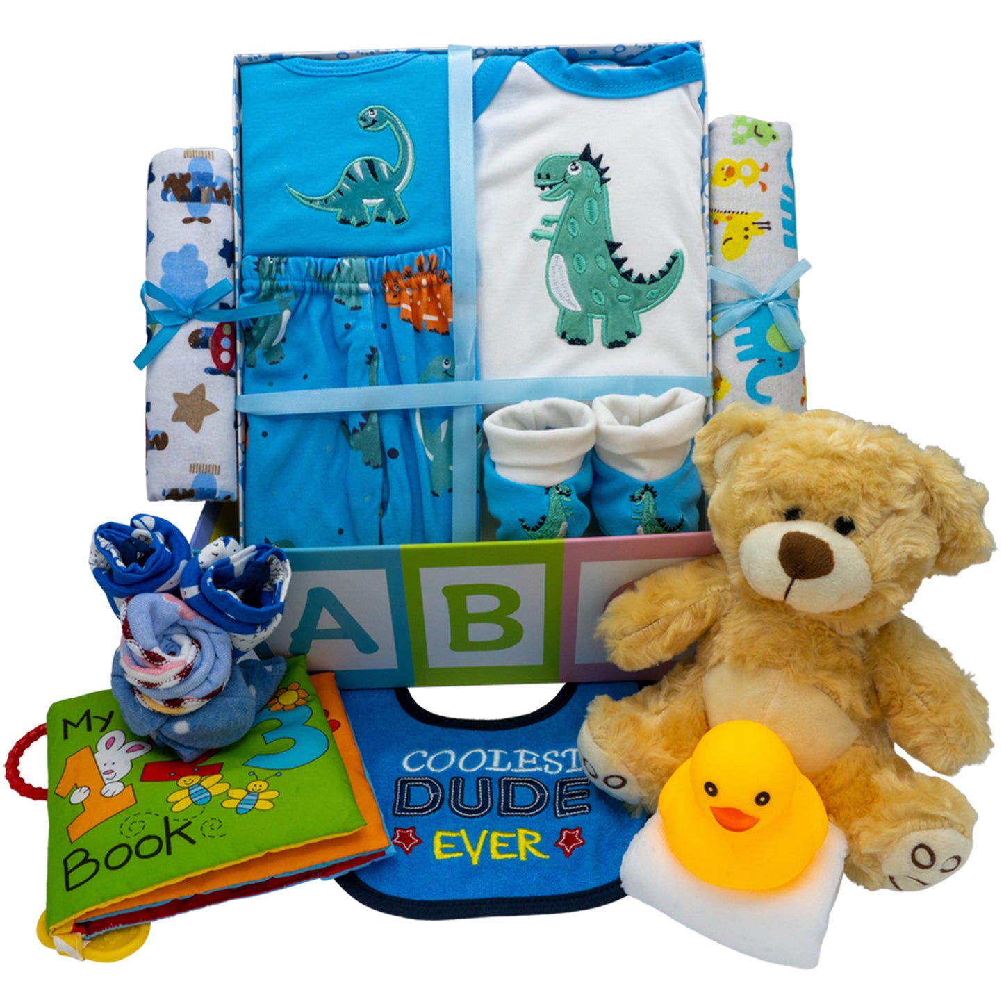 Sweet New Baby Boy Gift Basket, Baby Layette Set with Adorable New Baby Essentials, Newborn Baby Gift Set Basket for Expecting Moms & Baby Showers, Baby Dinosaur Clothes, Blue