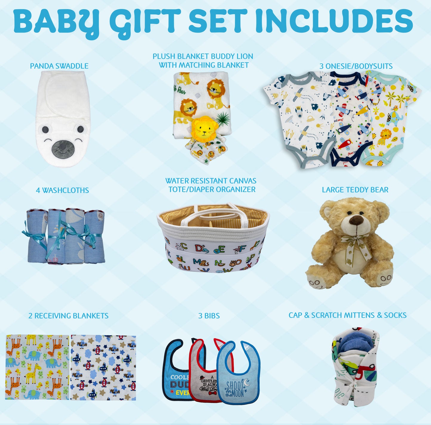 Joyful Arrival Deluxe Baby Boy Gift Basket, 20-Piece Premium New Baby Essentials & Canvas Diaper Tote, Baby Gift Set for Expecting Moms & Baby Showers