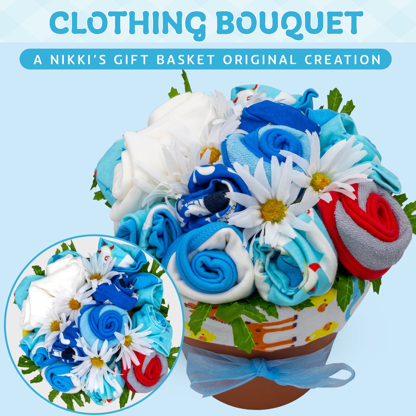 Baby Clothing Flower Bouquet, New Baby Boy Gift Basket with Baby Clothing Arranged Like Celebration Flowers, Creative Unique Baby Gift for New Parents