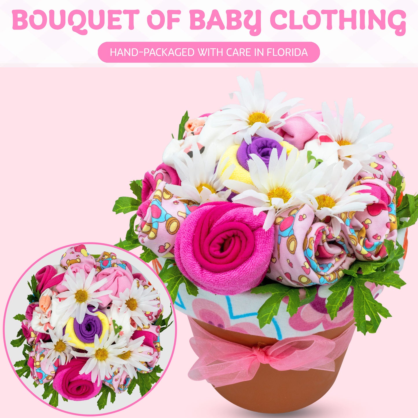 Baby Clothing Flower Bouquet, New Baby Girl Gift Basket with Baby Clothing Arranged Like Celebration Flowers, Creative Unique Baby Gift for New Parents, Includes Teddy Bear Clothing Set