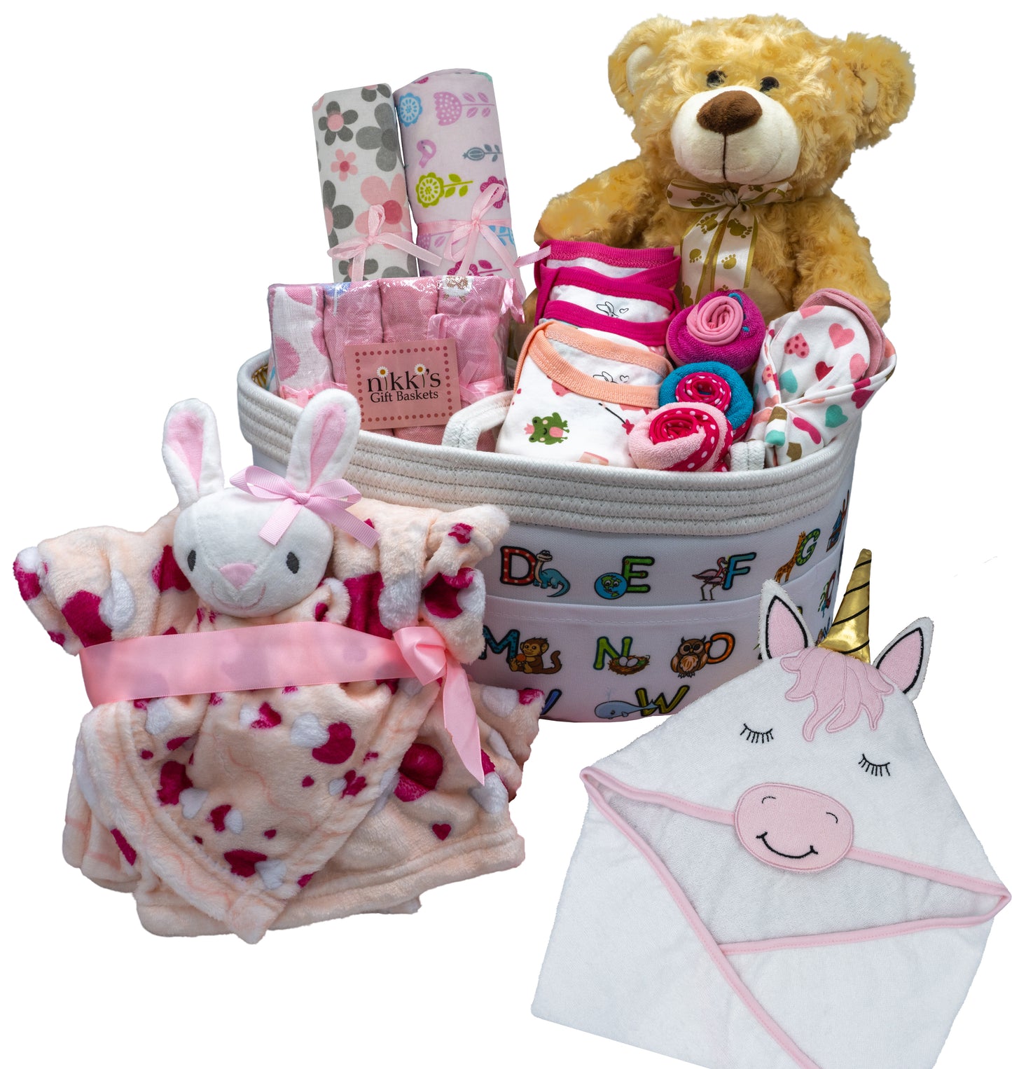Joyful Arrival Deluxe Baby Girl Gift Basket, 20-Piece Premium New Baby Essentials & Canvas Diaper Tote, Baby Gift Set for Expecting Moms & Baby Showers
