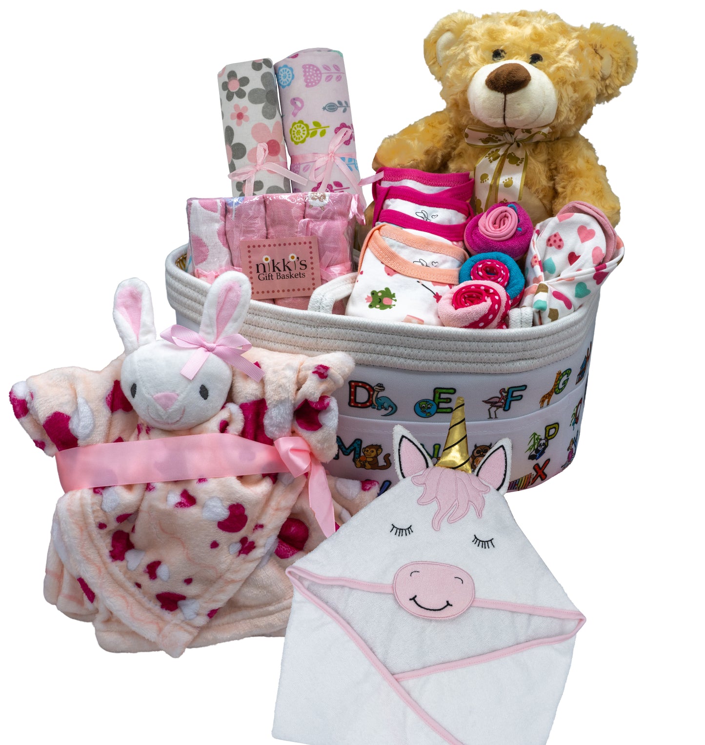 Joyful Arrival Deluxe Baby Girl Gift Basket, 20-Piece Premium New Baby Essentials & Canvas Diaper Tote, Baby Gift Set for Expecting Moms & Baby Showers