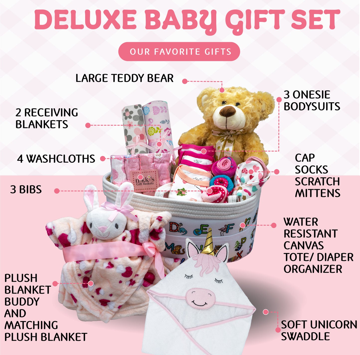 Joyful Arrival Deluxe Baby Girl Gift Basket, 20-Piece Premium New Baby Essentials & Canvas Diaper Tote, Baby Gift Set for Expecting Moms & Baby Showers