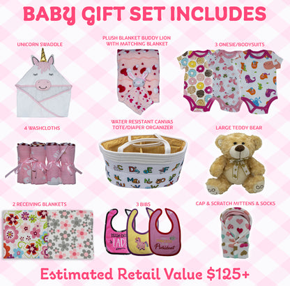 Joyful Arrival Deluxe Baby Girl Gift Basket, 20-Piece Premium New Baby Essentials & Canvas Diaper Tote, Baby Gift Set for Expecting Moms & Baby Showers