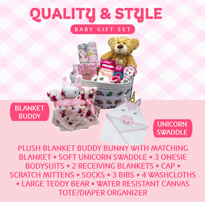 Joyful Arrival Deluxe Baby Girl Gift Basket, 20-Piece Premium New Baby Essentials & Canvas Diaper Tote, Baby Gift Set for Expecting Moms & Baby Showers