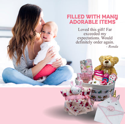 Joyful Arrival Deluxe Baby Girl Gift Basket, 20-Piece Premium New Baby Essentials & Canvas Diaper Tote, Baby Gift Set for Expecting Moms & Baby Showers