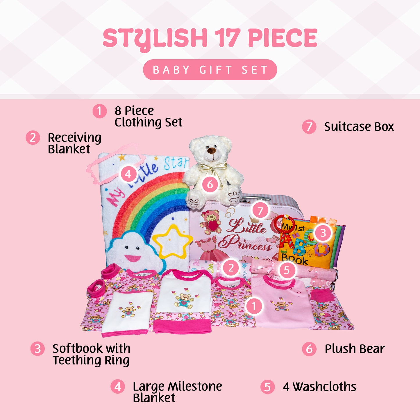 Welcome to The World Baby New Baby Girl Gift Set, Baby Basket Gift Essentials in Unique Keepsake Suitcase Box, Pink/Large
