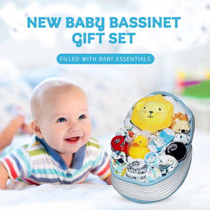 Bassinet New Baby Boy Gift Set, Baby Layette Set with 17-Piece Unique New Baby Essentials for Expecting Moms and New Parents, Blue
