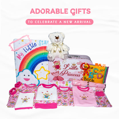 Welcome to The World Baby New Baby Girl Gift Set, Baby Basket Gift Essentials in Unique Keepsake Suitcase Box, Pink/Large