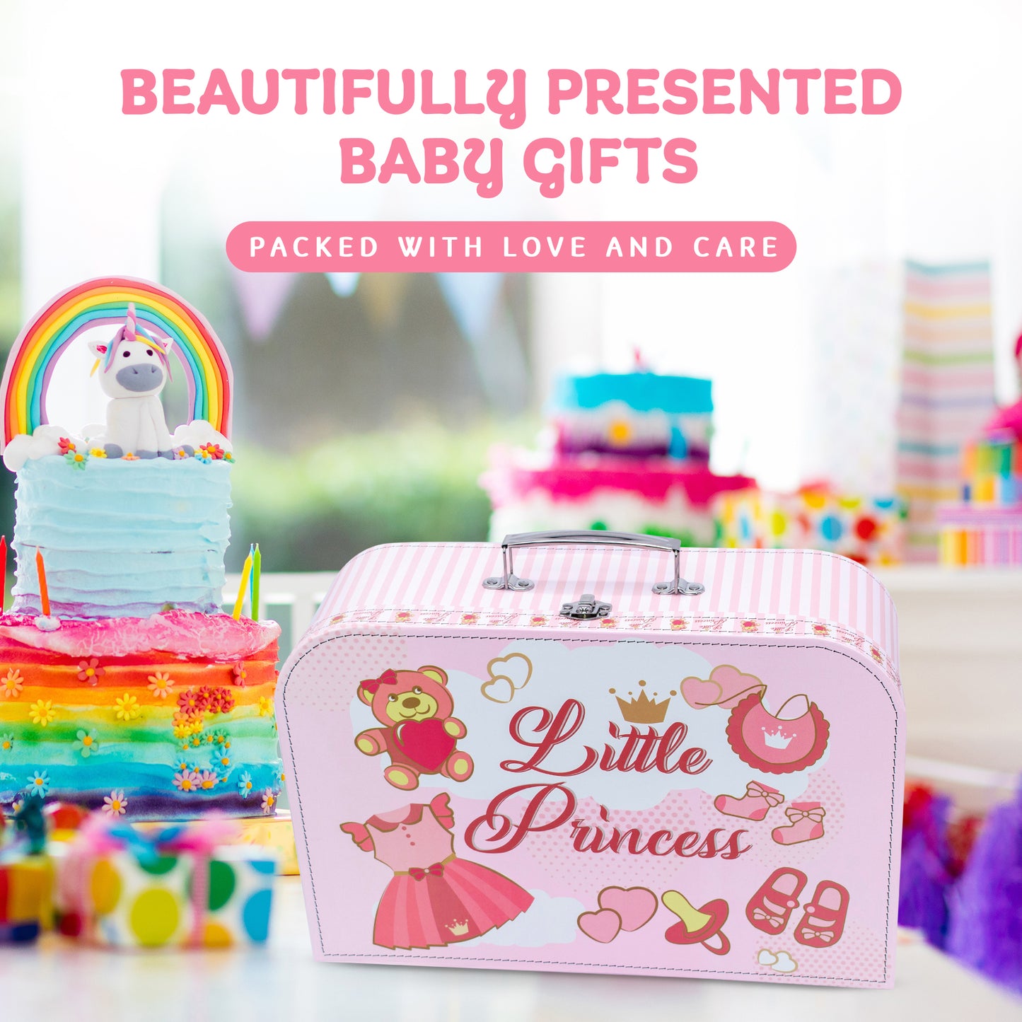 Welcome to The World Baby New Baby Girl Gift Set, Baby Basket Gift Essentials in Unique Keepsake Suitcase Box, Pink/Large