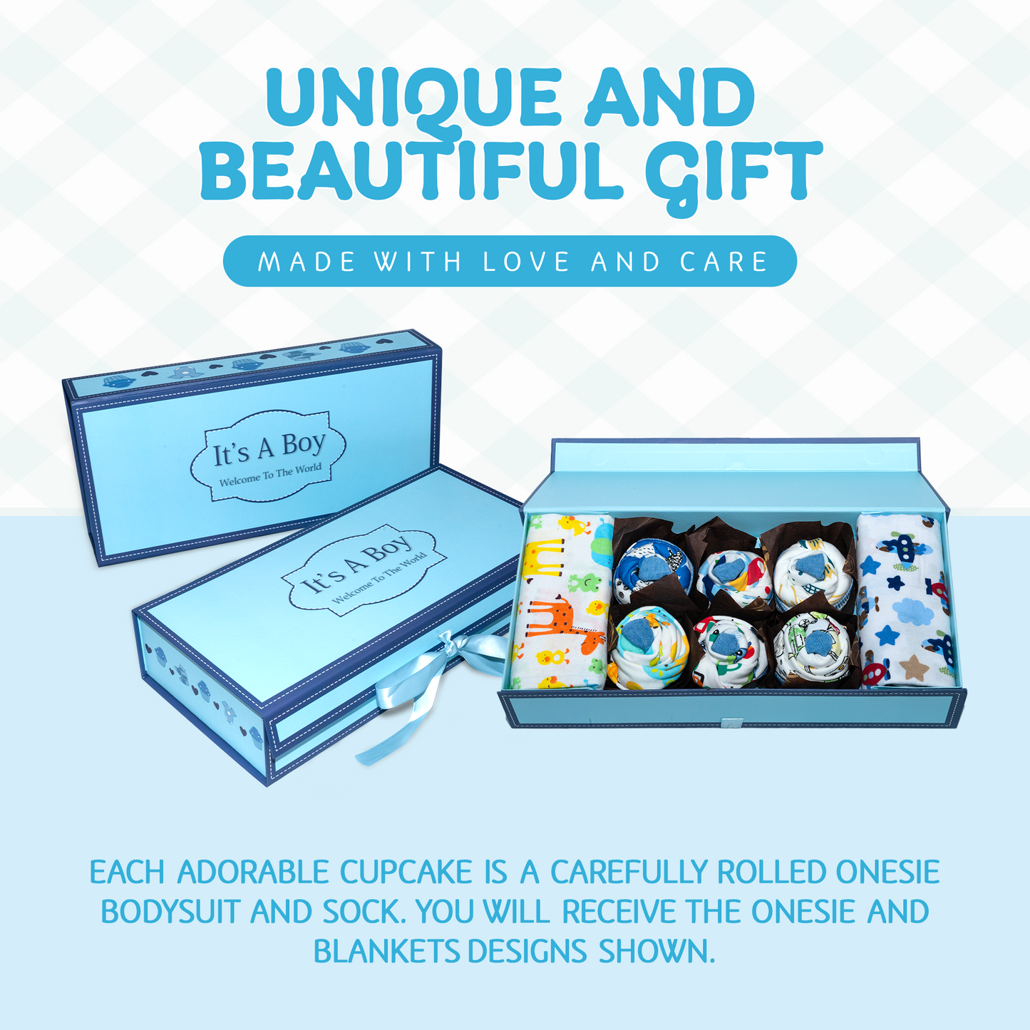 Unique Cupcake Baby Boy Gift, Newborn Gift Set, Adorable New Baby Clothing Gift for Baby Showers, Expecting Moms and New Parents, Blue