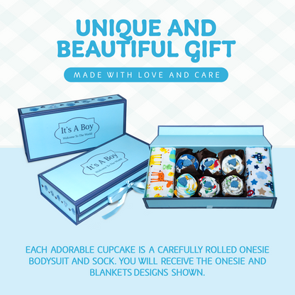 Unique Cupcake Baby Boy Gift, Newborn Gift Set, Adorable New Baby Clothing Gift for Baby Showers, Expecting Moms and New Parents, Blue